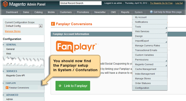 Fanplayr in Magento Admin